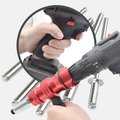 Must Upgrade Your DIY Game With This Electric Rivet Nut Drill Adapter Kit For Cordless Tools Featuring Removable Handle Easy Install And Removal For Wide Rivet Sizes To Get The Job Done Rapidly Without The Hassle, red metal adapter on cordless drill