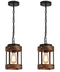 Rustic Farmhouse Pendant Lights Two Pack In Solid Oak And Matte Black Metal Cages With Long Adjustable Chains view from front