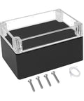 Weatherproof Electrical Junction Box With Clear Cover IP65 Waterproof ABS Plastic Case, black enclosure with screws shown