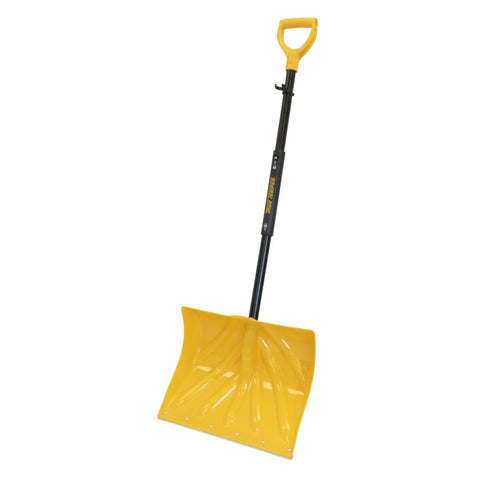 18 Inch Collapsible Poly Snow Shovel With Metal Wearstrip shown with yellow poly blade and black adjustable handle.