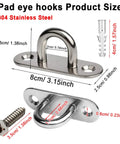 Rugged As Nails 304 Stainless Steel Ceiling Eye Hooks 2 Pack with size measurements for installation.