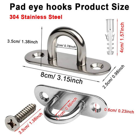 Rugged As Nails 304 Stainless Steel Ceiling Eye Hooks 2 Pack with size measurements for installation.