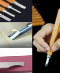 Close-up of 12 Piece Wood Carving Chisel Set With Storage Rack For Pumpkin Carving, showing different chisel shapes in use.