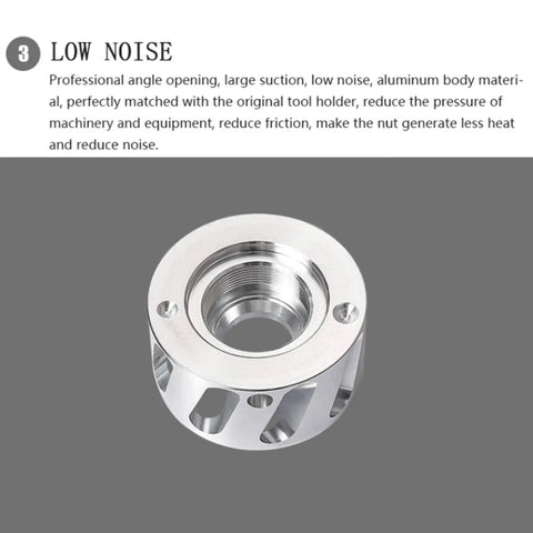 ER32 Dust Chip Extraction Nut For Woodworking CNC Milling Tools, aluminum, corrosion resistant, shown on gray background.