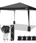 10x10 Pop Up Canopy Tent With No Fuss Setup And Instant Shade Waterproof Outdoor Shelter Includes 4 Sandbags 8 Stakes Ropes And Carry Bag For Parties Beach Backyard And Camping Black, fully set up with accessories.