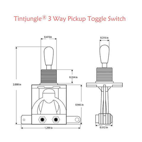Diagram of 3 Way Toggle Switch For Gibson Les Paul Style Guitars, Replacement Switchcraft Style Selector with dimensions