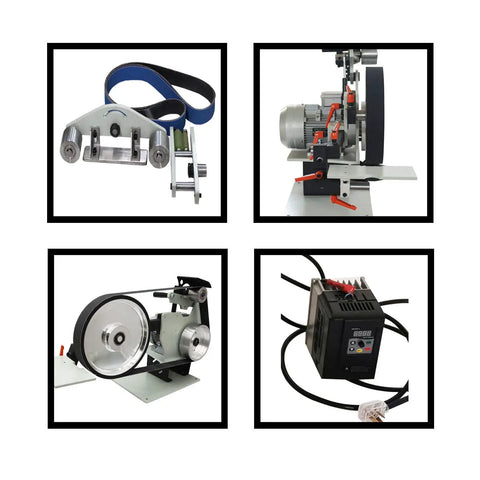 Heavy Duty Belt Grinding Machine Variable Speed Belt Sander Polisher With Rock Solid Base For Badass Knife Sharpening Rust Removal And Hella Versatile Shop Workstation 72X2 Belt 220V components including tensioner, motor, drive wheel, and control panel.