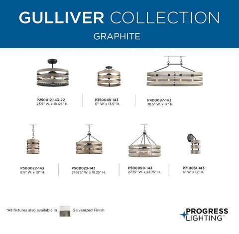 Gulliver Collection showcase with various Coastal Farmhouse 1 Light Pendant in Graphite finish for kitchen and dining rooms.