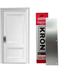 Heavy Duty 4 X 16 Inch Door Push Plate In Oil Rubbed Bronze Including Commercial Screws for wood or metal doors displayed next to a white door.