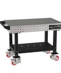 Real Deal Heavy Duty Welding Fixture Table 48x30 Inch Garage Rig with tough laser cut grid holes and locking casters in silver.