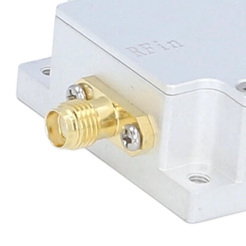 Close-up of Rock Solid Programmable Rf Signal Conditioner featuring premium aluminum build and SMA female connector.
