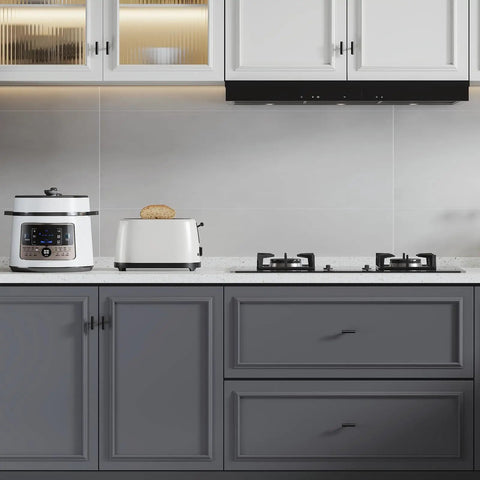 Level Up Your Home Decor With These Badass Matte Black Cabinet Knobs And Drawer Pulls Made From Hella Durable Stainless Steel T Bar Style Handle Design Perfect For Modern Kitchen And Bathroom Renovation Projects 10 Piece Set Included, showing modern kitchen setup with gray cabinetry.
