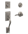 Addison Front Entry Handleset With Accent Lever And Keyed Deadbolt Satin Nickel Finish For Exterior Doors 1 Inch Deadbolt Anti Drill Plates Anti Pick Pins Built To Last Security Premium Build shown with decorative grip and keyed lock system.
