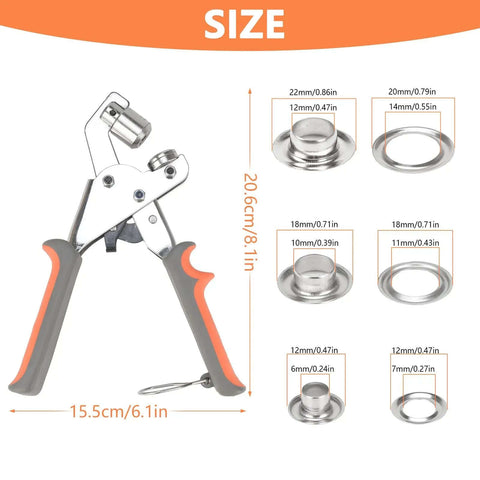 Heavy Duty Grommet Tool Kit With 6mm, 10mm And 12mm Hole Punch, metal pliers, and eyelets size chart
