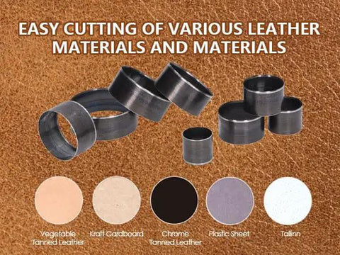 8 Piece Leather Hole Punch Die Set for Leather Craft Circle Cutting Dies shown with different material options