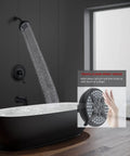 Matte Black Shower System With Tub Spout, Rain Mixer Shower Set, showing spray function in modern bathroom with pressure balanced valve.