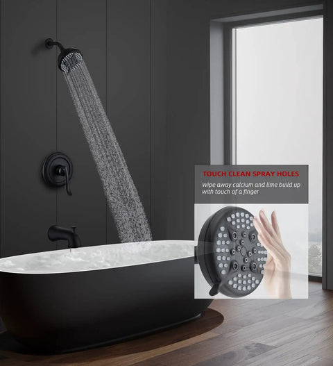 Matte Black Shower System With Tub Spout, Rain Mixer Shower Set, showing spray function in modern bathroom with pressure balanced valve.
