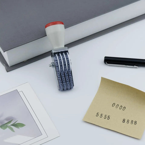Durable 4 Digit Number Roller Stamp Is A Total Game Changer For Busy Offices And Retail Shops featuring grey adjustable dials.