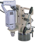 Industrial Strength Heavy Duty Manual Feed Magnetic Drill Built Tough With A Solid 4 Inch Base And 3/8 Inch Capability Delivers 1700 RPM side view of drill