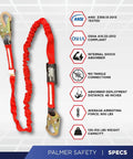 6 Ft Single Leg Safety Lanyard With Internal Shock Absorber And Dual Snap Hooks, OSHA ANSI Compliant Restraint displayed with specs