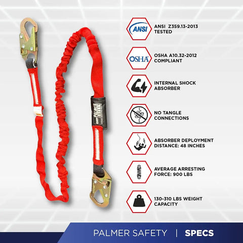 6 Ft Single Leg Safety Lanyard With Internal Shock Absorber And Dual Snap Hooks, OSHA ANSI Compliant Restraint displayed with specs