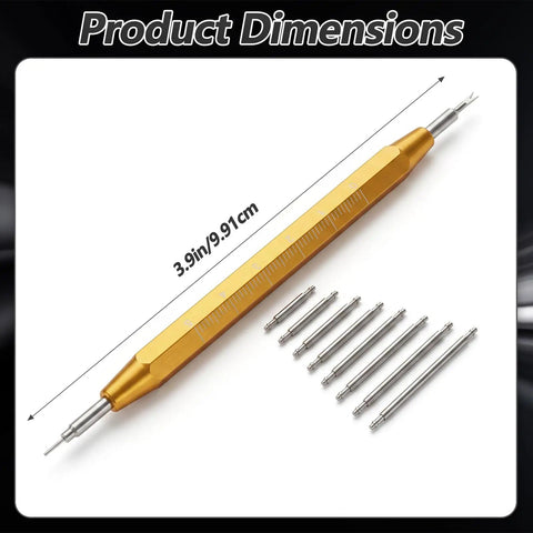 Must Have Watch Band Repair Kit With 32 Stainless Steel Pins And A Spring Bar Tool showing dimensions and stainless pins
