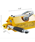 Lifting Magnet With Release 2200 Pound Capacity Neodymium Permanent Magnet Lifter For Hoist Shop And Crane Use, Heavy Duty Magnetic Lifter For Steel Plates Blocks And Bars, yellow with measurements.
