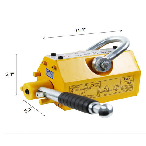 Lifting Magnet With Release 2200 Pound Capacity Neodymium Permanent Magnet Lifter For Hoist Shop And Crane Use, Heavy Duty Magnetic Lifter For Steel Plates Blocks And Bars, yellow with measurements.