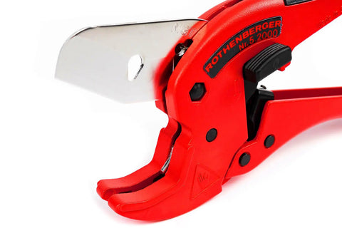 Pro Grade Plastic Pipe Cutter With Stainless Steel Blade and Rubberized Handle, shown open with transport lock, for 0-42 mm pipes.