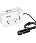 Slick 200W Car Power Inverter With Four Usb Ports And Dual Ac Outlets Transforming 12V Dc Into 110V Ac No Sweat Setup For Laptops Cpaps Game Consoles And Tailgate Parties White with 2 AC outlets and USB ports.