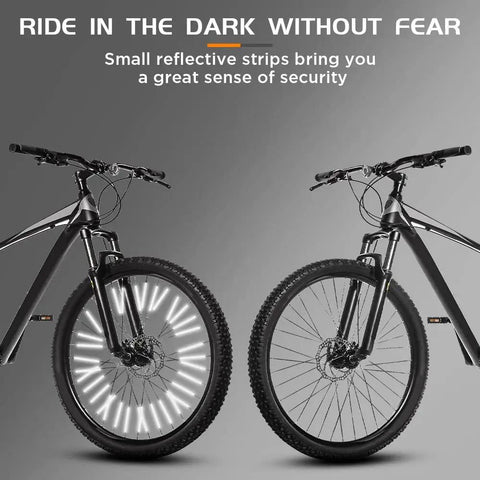 Mountain bikes with 48 Pcs 360 Degree Visibility Bike Spoke Reflectors Waterproof Reflective Clips for night riding, showcasing durability.