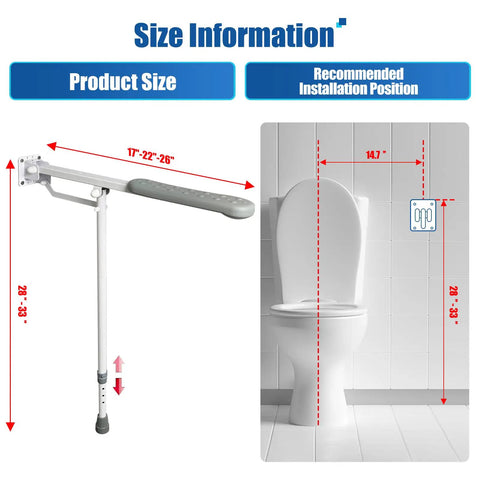 Heavy Duty Flip Up Toilet Grab Bar With Adjustable Length And Height, size info showing 17-26 inch width and 28-33 inch height.