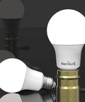 3-Way A19 LED Light Bulb With 50-75-100W Equivalents, Low Medium High Settings, 2-pack displayed with brass sockets