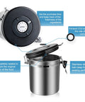 Keep Your Grind Fresh With This Heavy Duty Airtight Canister Sporting A Built In Measuring Scoop Designed To Lock Moisture Out For Beans Sugar Tea Or Nuts, featuring a sealed stainless steel body with a black lid and a clock timer.