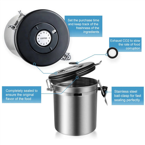 Keep Your Grind Fresh With This Heavy Duty Airtight Canister Sporting A Built In Measuring Scoop Designed To Lock Moisture Out For Beans Sugar Tea Or Nuts, featuring a sealed stainless steel body with a black lid and a clock timer.