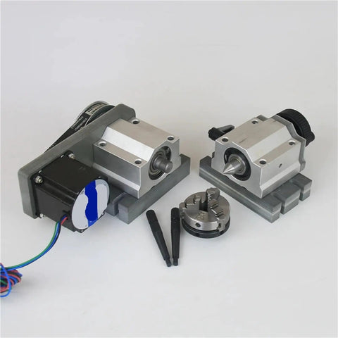 Dead Simple Setup Cnc Rotary Axis Upgrade Fourth A Axis Mounting Kit Utilizing Nema23 Stepper Motor with three jaw chuck and components.