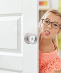 Crystal Half Dummy Glass Door Knob Set For Hall And Closet Interiors on white door, child peeking, Satin Nickel Finish, Modern Sparkle