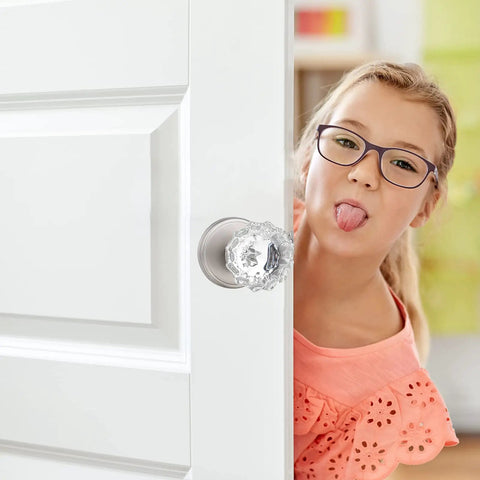 Crystal Glass Door Knobs With Lock Satin Nickel Finish For Interior Doors Privacy 3 Pack child peeking playfully from behind door