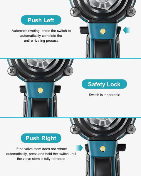 BOQNZN Cordless Rivet Gun Kit With Dual Rechargeable Batteries And Fast Charger For Auto Body Repair Metal Sheet Work One Click Electric Power Tool Easy On The Hands Heavy Duty Performance switch controls for automatic and manual modes with detailed instructions.