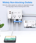 Snag This Game Changing Surge Protector Power Strip With Ten Foot Braided Extension Cord And Six Wide Spaced AC Outlets Plus Dual USB Ports For Plugging All Your Gear Up At The Dorm Or Apartment with widely spaced outlets.