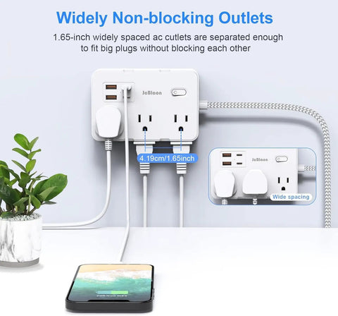 Snag This Game Changing Surge Protector Power Strip With Ten Foot Braided Extension Cord And Six Wide Spaced AC Outlets Plus Dual USB Ports For Plugging All Your Gear Up At The Dorm Or Apartment with widely spaced outlets.