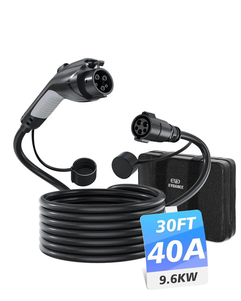Extra Long J1772 EV Charger Extension Cable 40 Amp 30 Ft Heavy Duty Charging Cord with connectors and storage case.