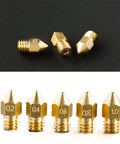 24 Piece Brass MK8 3D Printer Nozzle Set For Makers Pro Grade With 0.2mm 0.4mm 0.6mm 0.8mm 1.0mm Nozzles, view of six brass nozzles