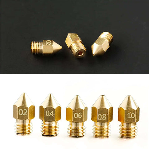 24 Piece Brass MK8 3D Printer Nozzle Set For Makers Pro Grade With 0.2mm 0.4mm 0.6mm 0.8mm 1.0mm Nozzles, view of six brass nozzles