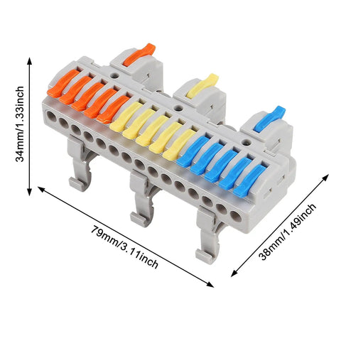 Premium Din Rail Terminal Blocks With No Sweat Quick Wiring Push In Connectors For 28 To 12 AWG Cables featuring colorful clips.