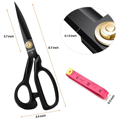 Heavy Duty 8 Inch Fabric Scissors For Thick Materials And Leather, Pro Grade Sewing Shears with measurement details
