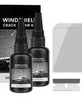 DIY Windshield Crack Repair Kit For All Crack Types With Repair Liquid Fix Chips And Small Cracks Before They Spread Glass Repair Kit For Car Windows Mirrors And Glass Surfaces Two Sets Included visible with bottles, applicator, and strips