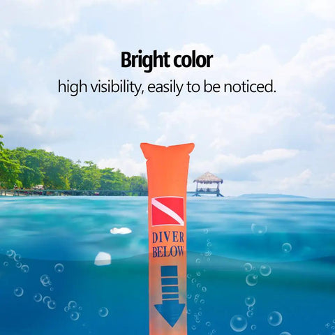 6ft Surface Marker Buoy With High Visibility Closed Bottom Signal Tube in ocean with 'Diver Below' text and bright color