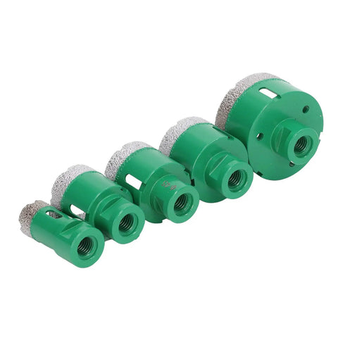 Top Tier Brazed Hole Saw Set With 5 Core Drill Bits Perfect For Marble Tile And Glass Work Comes With A Rugged Aluminum Storage Box To Keep Your Tools Safe And Organized On Any Jobsite Project. 5 green brazed core drill bits for marble and glass