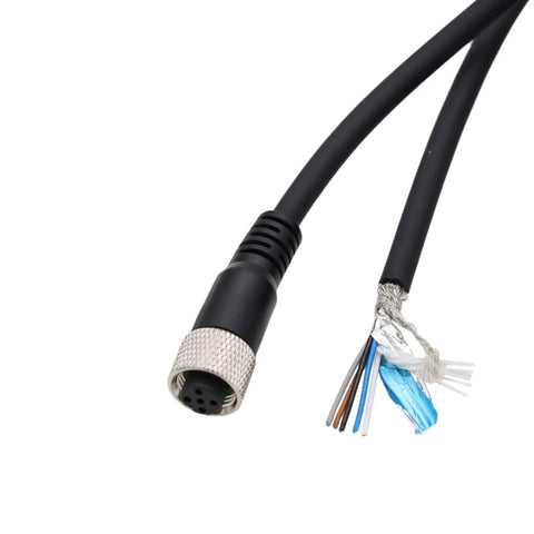 Close-up of M12 A Coded 5 Pin Female Actuator Sensor Cable with exposed wires, showing 10-meter heavy duty design for camera and device networking.